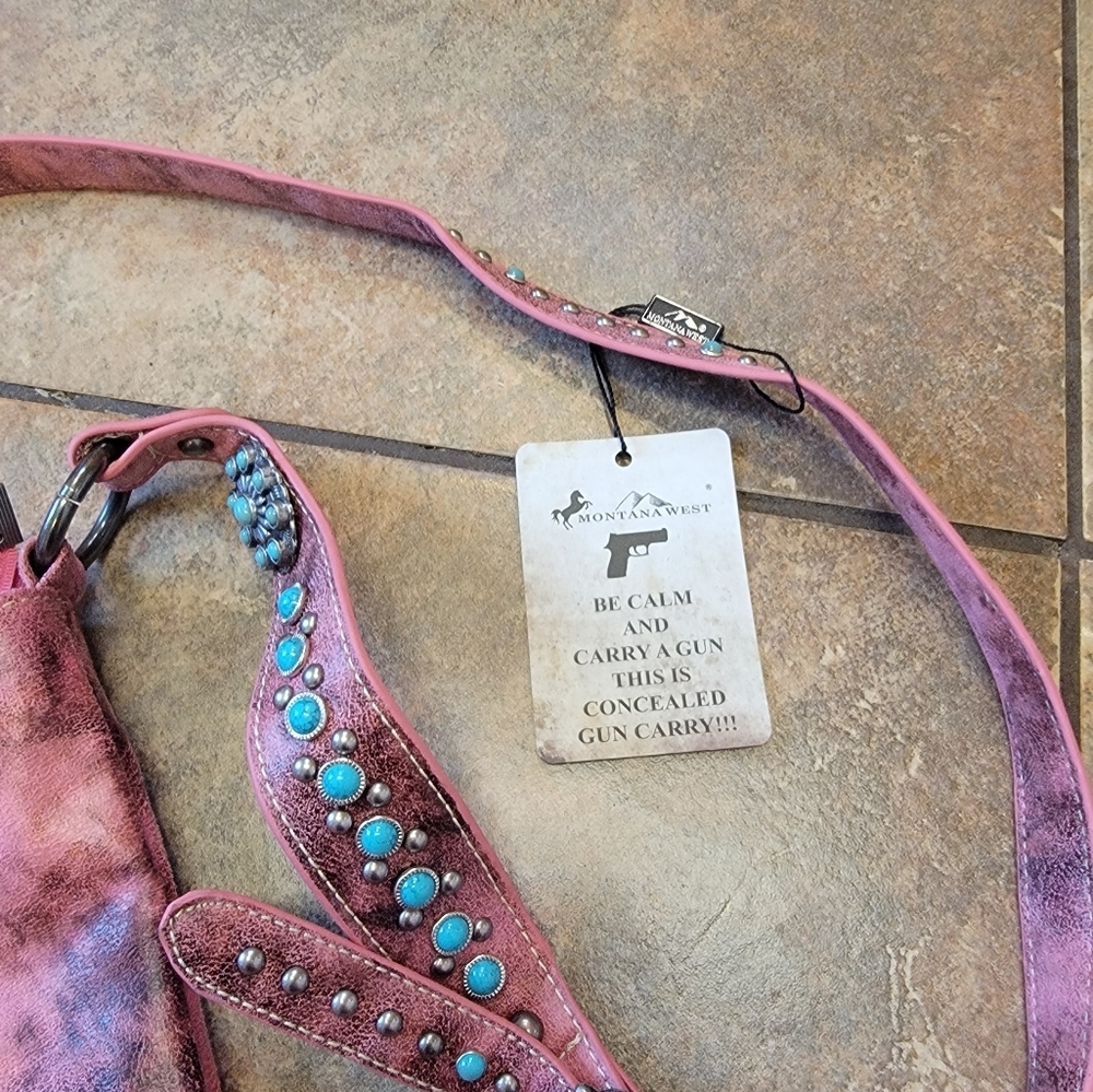 NWT Montana West Concealed Carry Pink Crossbody Turquoise, studs, Frindge - Picture 13 of 16